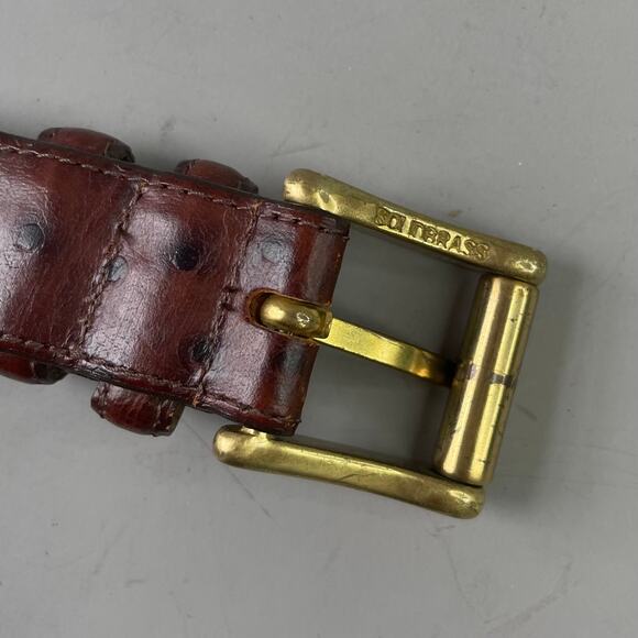 Vintage 80s Norma Kamali Signed Ostrich Belt Genuine Leather Brass Buckle Jeans - Picture 4 of 8